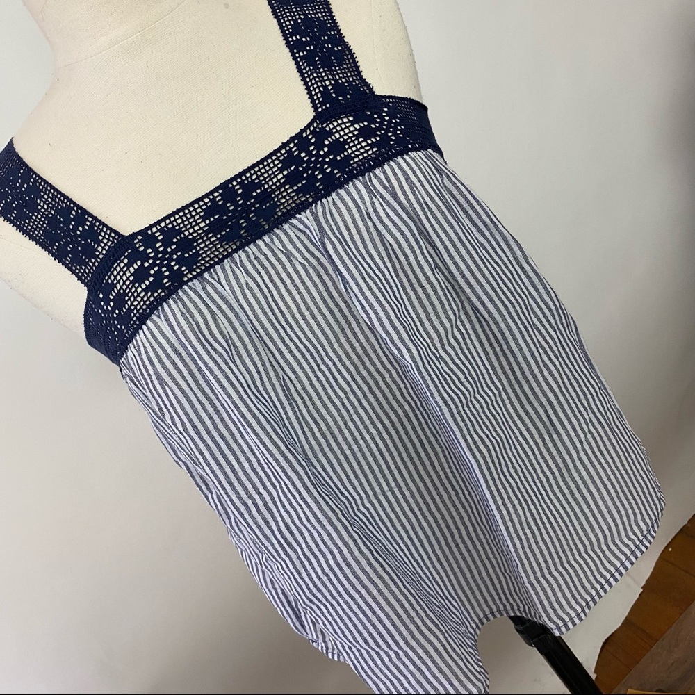 Aerie Cotton Linen Tank Top Navy Blue White Stripe Lace Strap Size S